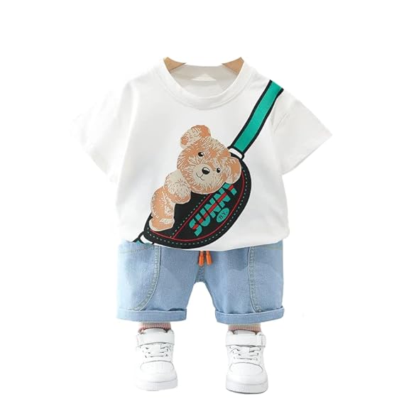 Boy's Cotton Printed T-Shirt with Shorts in White Color Baby Boys Clothing Set