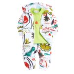 Boys Cotton All-Over Print T-Shirt with Jacket and Pants Set in Green Color