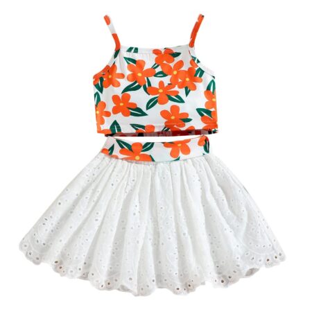 Hopscotch Girls Polyester Floral Print Slim Fit Blouse and Skirt Set in Orange Color