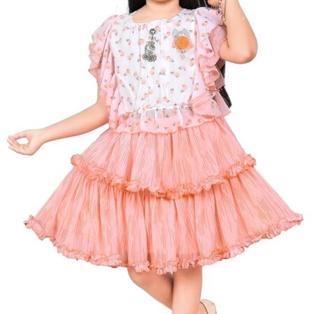 Kids Girl's Cotton Blend Top with Skirt (Peach,1-2 Years)
