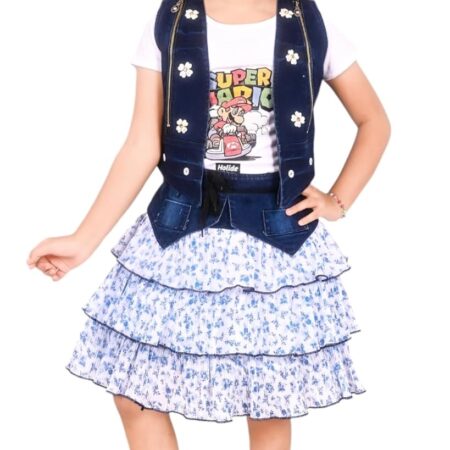 Jelly Qelly Kids Girl's Denim Top Jacket with Chiffon Skirt (White,1-2 Years)