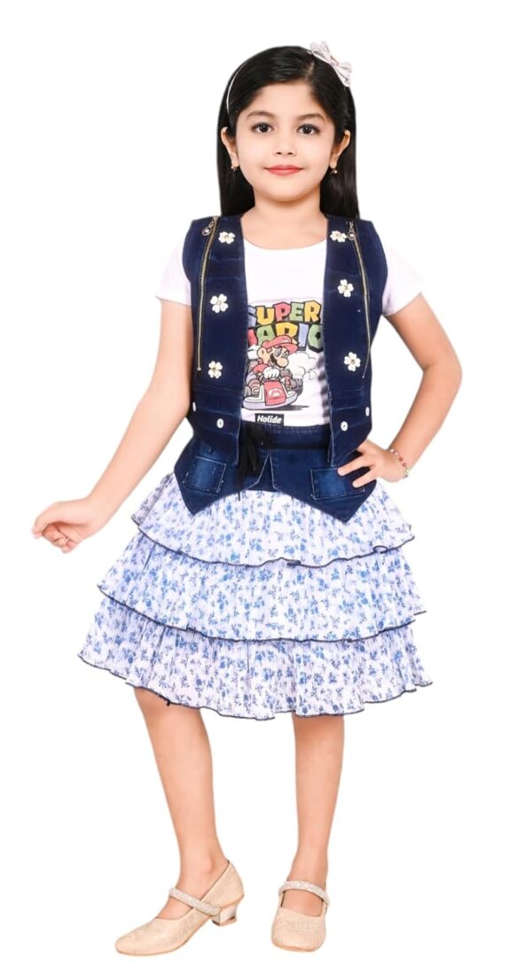 Kids Girl's Denim Top Jacket with Chiffon Skirt (White,1-2 Years)