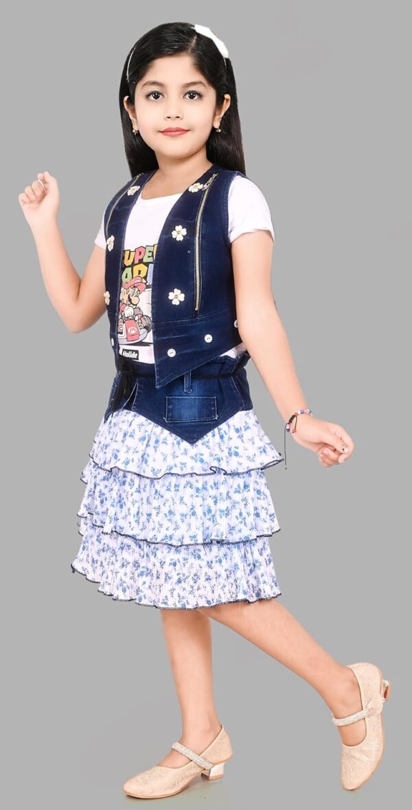 Kids Girl's Denim Top Jacket with Chiffon Skirt (White,1-2 Years)