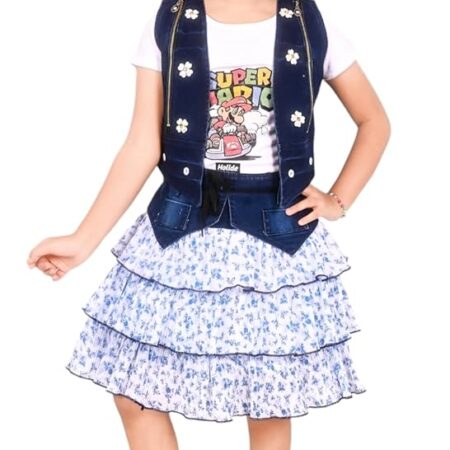 Kids Girl's Denim Top Jacket with Chiffon Skirt (White,1-2 Years)