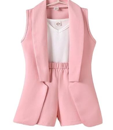 Three Piece Dress for Girls Jacket Top and Shorts Cotton Open Front Suits Set