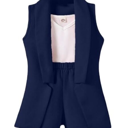 Three Piece Dress for Girls Jacket Top and Shorts Cotton Open Front Suits Set