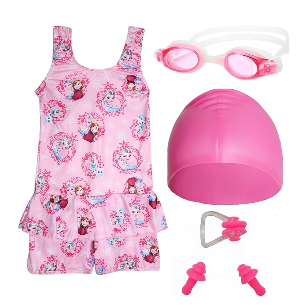 Wear Swimming Kit for Girls with 1 Swimming Costume | Swim Suit | Swimwear | Swimming Dress Goggles Cap Ear Plug Nose Clip (2-3 Yr, Pink)