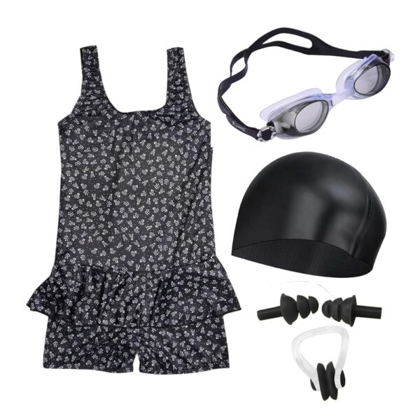 Wear Swimming Kit for Girls with 1 Swimming Costume | Swim Suit | Swimwear | Swimming Dress Goggles Cap Ear Plug Nose Clip (2-3 Yr, Black)