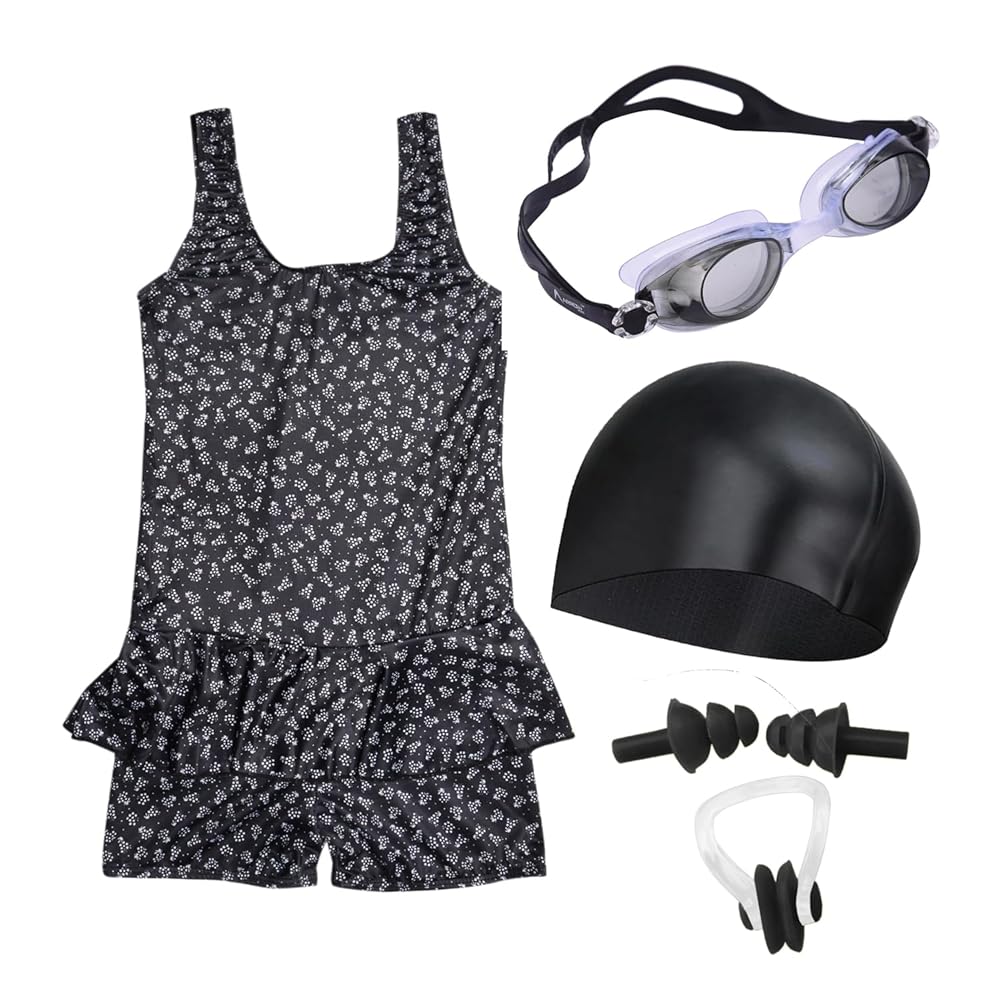 Wear Swimming Kit for Girls with 1 Swimming Costume | Swim Suit | Swimwear | Swimming Dress Goggles Cap Ear Plug Nose Clip (2-3 Yr, Black)