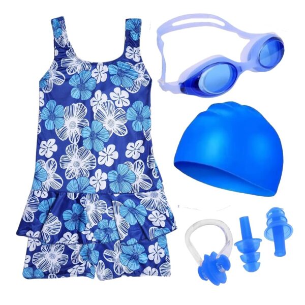 Wear Swimming Kit for Girls with 1 Swimming Costume | Swim Suit | Swimwear | Swimming Dress Goggles Cap Ear Plug Nose Clip (2-3 Yr, Blue)