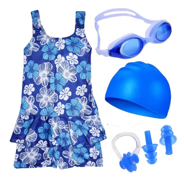Wear Swimming Kit for Girls with 1 Swimming Costume | Swim Suit | Swimwear | Swimming Dress Goggles Cap Ear Plug Nose Clip (2-3 Yr, Blue)