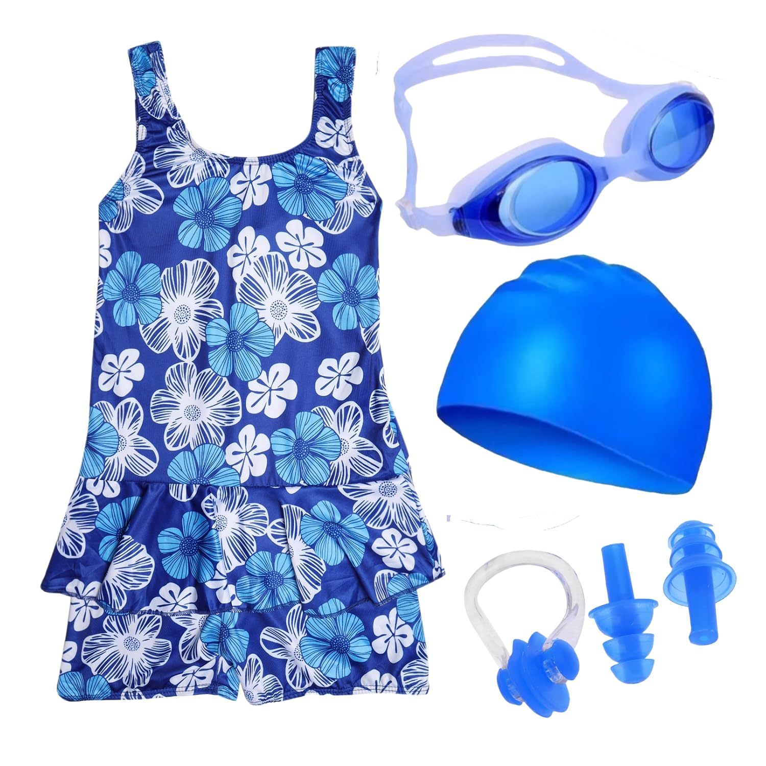 JMT Wear Swimming Kit for Girls with 1 Swimming Costume | Swim Suit | Swimwear | Swimming Dress Goggles Cap Ear Plug Nose Clip (2-3 Yr, Blue)