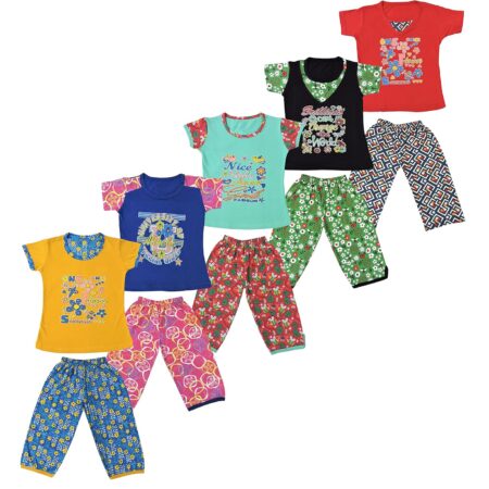 Kiddos Girl's Cotton Printed Pyjama Set Combo Pack of 5