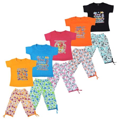 Kiddos Pyjama Set for Girls/Night Suit for Girls/Nightwear/Sleepwear/Loungewear for Girls Combo Pack of 5
