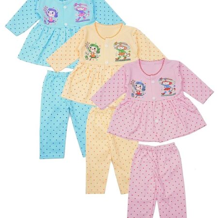 Baby Girl's Fabulous Collection of Printed Full Sleeves Soft Hosiery Cotton Vests,Frock with Pyjama Pants Dress for Kids Infant Toddler (Set of 3)