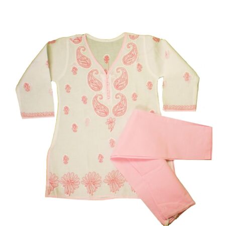 Kids Pure Cotton Pink Floral Chikan Lucknowi Kurta Pajama Set for Girls