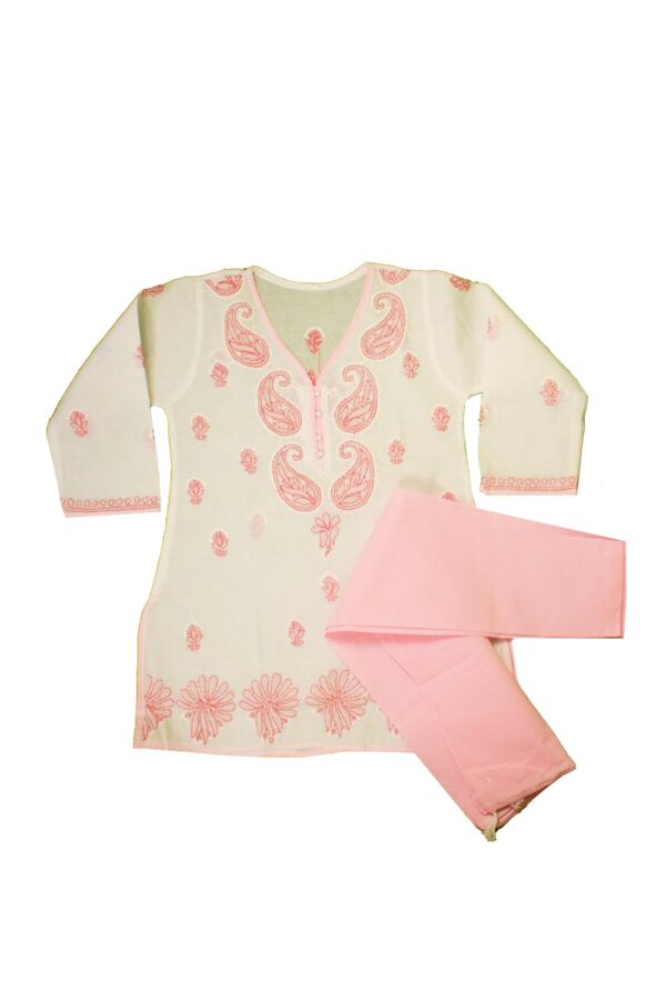 Kids Pure Cotton Pink Floral Chikan Lucknowi Kurta Pajama Set for Girls