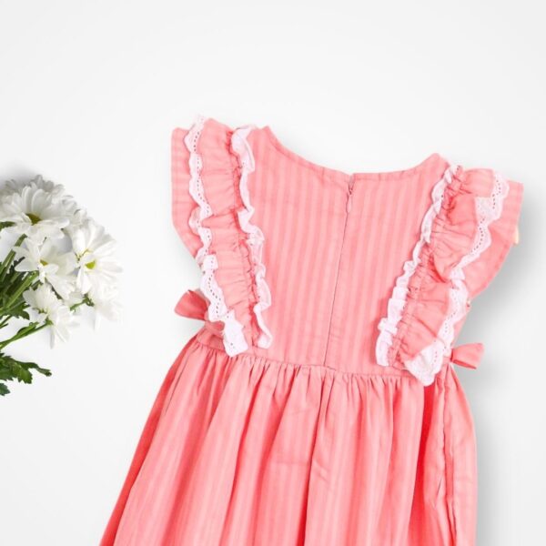 Lace Ruffle Frock | Sleeveless Pink Cotton Frock for Girls | Stripe Textured Fabric, Lace Ruffle Details & Bow Tie Accents | Soft, Breathable & Stylish Kids| Casual...