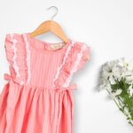 Lace Ruffle Frock | Sleeveless Pink Cotton Frock for Girls | Stripe Textured Fabric, Lace Ruffle Details & Bow Tie Accents | Soft, Breathable & Stylish Kids| Casual...
