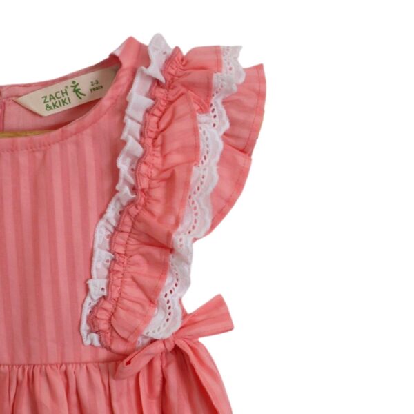 Lace Ruffle Frock | Sleeveless Pink Cotton Frock for Girls | Stripe Textured Fabric, Lace Ruffle Details & Bow Tie Accents | Soft, Breathable & Stylish Kids| Casual...