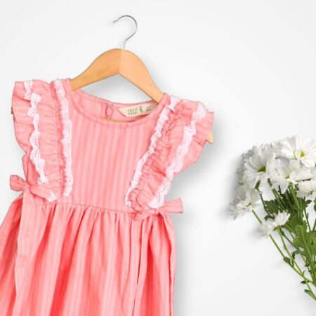 Lace Ruffle Frock | Sleeveless Pink Cotton Frock for Girls | Stripe Textured Fabric, Lace Ruffle Details & Bow Tie Accents | Soft, Breathable & Stylish Kids| Casual...