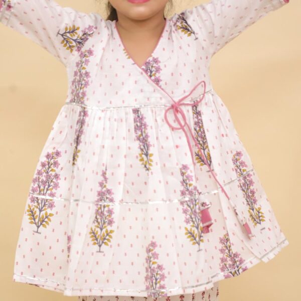 Cotton Angrakha Kurta & Pant Set for Girls - White Floral Ethnic Wear Dress, Traditional Outfit for Kids