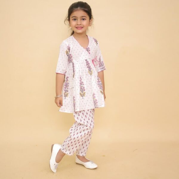 Cotton Angrakha Kurta & Pant Set for Girls - White Floral Ethnic Wear Dress, Traditional Outfit for Kids