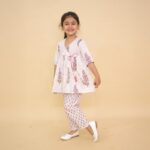 Cotton Angrakha Kurta & Pant Set for Girls - White Floral Ethnic Wear Dress, Traditional Outfit for Kids