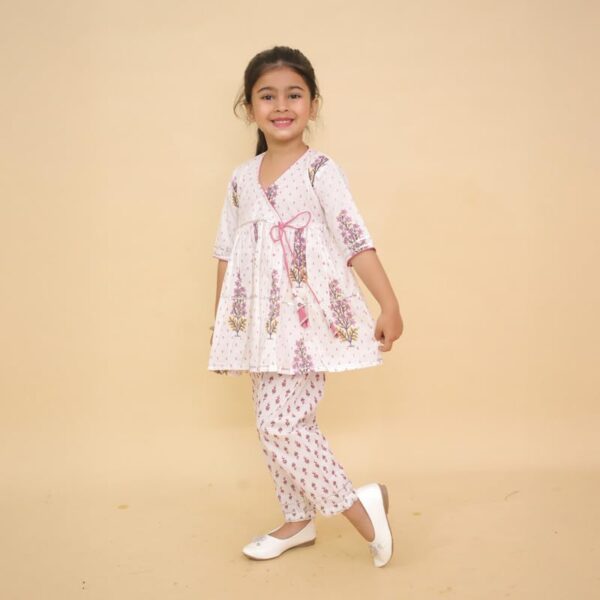 Cotton Angrakha Kurta & Pant Set for Girls - White Floral Ethnic Wear Dress, Traditional Outfit for Kids