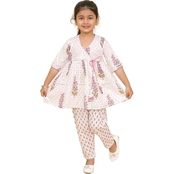 Cotton Angrakha Kurta & Pant Set for Girls - White Floral Ethnic Wear Dress, Traditional Outfit for Kids