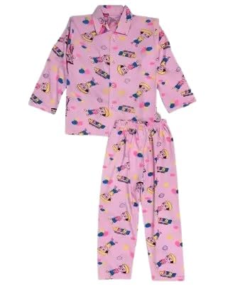 Cotton Night Suit for Girls & Boys, Full Sleeves, Printed, Collared Neck Sleepuits, Shirt & Pyjama Set Nightwear for Kids