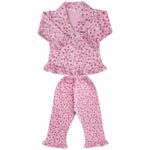 Girls' Heart Print Pyjama Set, Ruffle Trim, Full Sleeve Top and Long Pants, Cotton Sleepwear Pack of 1