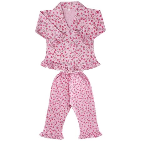 Girls' Heart Print Pyjama Set, Ruffle Trim, Full Sleeve Top and Long Pants, Cotton Sleepwear Pack of 1