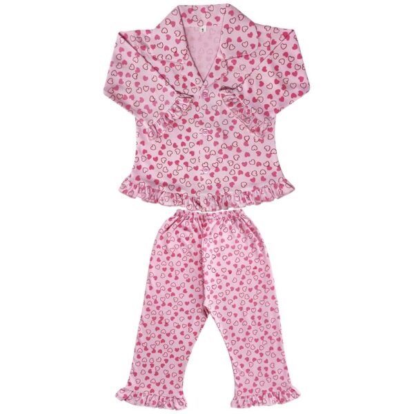 Girls' Heart Print Pyjama Set, Ruffle Trim, Full Sleeve Top and Long Pants, Cotton Sleepwear Pack of 1