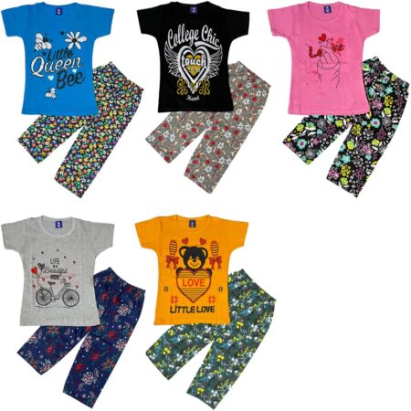 Girls Night Wear T Shirt & Pyjama | Night Dress for Girl | Night Dresses Top & Pyjama Pant Set (Sizes 1 to 8 Years Pack of 5)