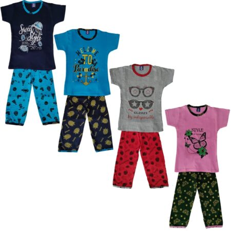 Pure Cotton Printed Pyjama Set for Girls Pack of 4 | Sleepwear | Night Suit, Night Wear | T-Shirt & Pyjama | Age 1 to 2 Years | Navy Blue-Blue-Gray-Pink