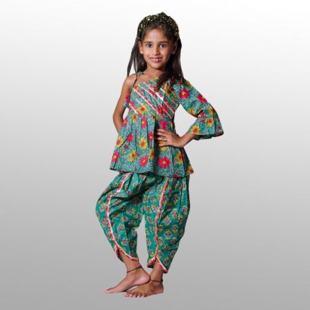 OG BABY Stylish Cotton Blend Jaipur Print Dhoti Kurta Set for Girls (Green)