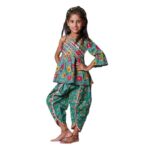 Stylish Cotton Blend Jaipur Print Dhoti Kurta Set for Girls (Green)