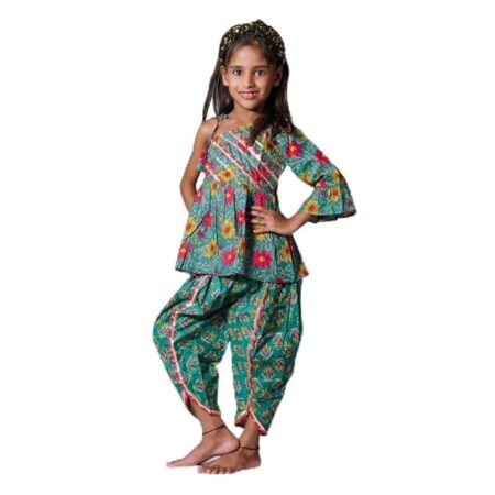 Stylish Cotton Blend Jaipur Print Dhoti Kurta Set for Girls (Green)