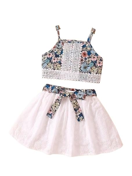 Girls Floral Lace 2-Piece Outfit Summer Crop Top & Eyelet Skirt Set