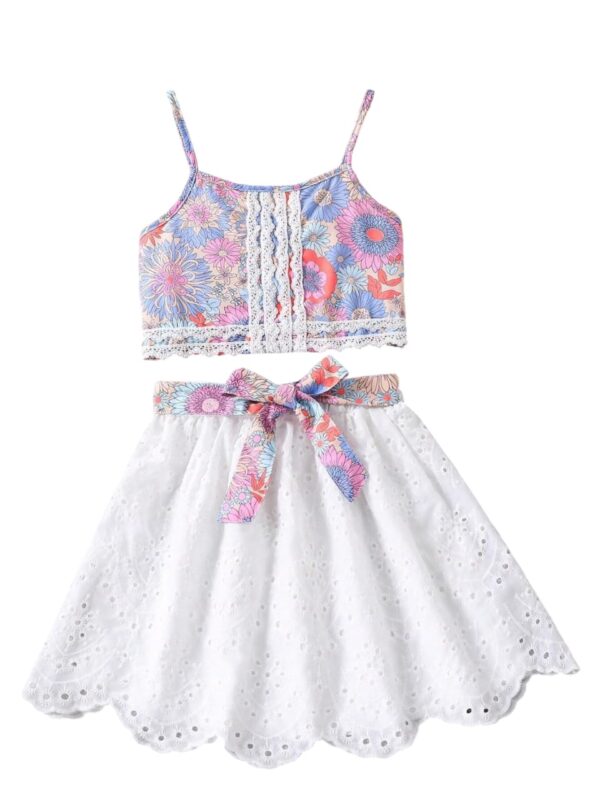 Girls Floral Lace 2-Piece Outfit Summer Crop Top & Eyelet Skirt Set