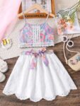 Girls Floral Lace 2-Piece Outfit Summer Crop Top & Eyelet Skirt Set