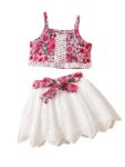Girls Floral Lace 2-Piece Outfit Summer Crop Top & Eyelet Skirt Set