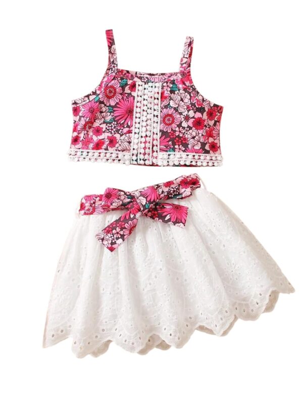Girls Floral Lace 2-Piece Outfit Summer Crop Top & Eyelet Skirt Set