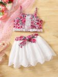 Girls Floral Lace 2-Piece Outfit Summer Crop Top & Eyelet Skirt Set
