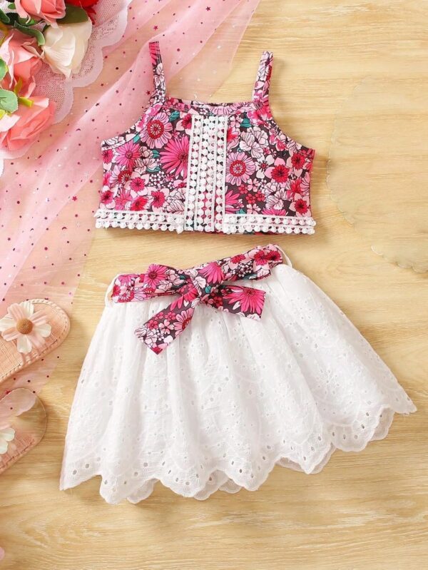 Girls Floral Lace 2-Piece Outfit Summer Crop Top & Eyelet Skirt Set