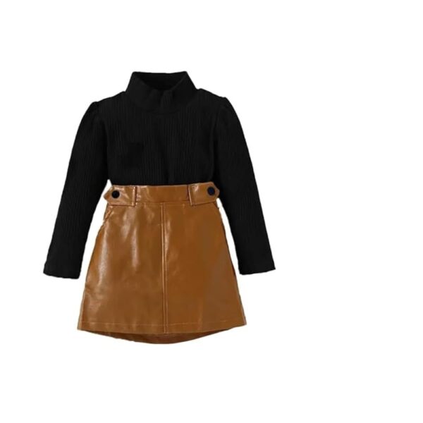 Baby girls Little Toddler Long Sleeve T-Shirt Tops Leather PU A-Line Pleated Skirt 2Pcs Clothing Set for kids wear