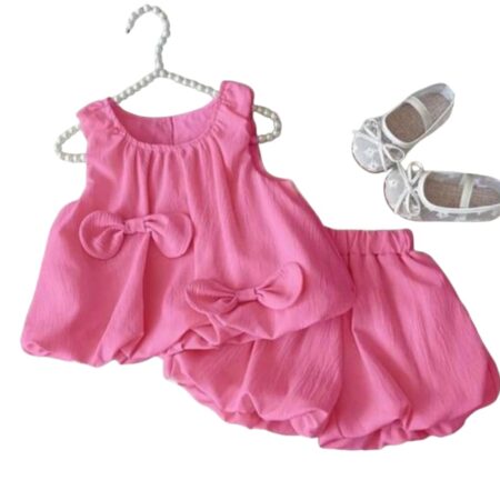 Baby Girls Pink Bow-Detailed Sleeveless Top and Bloomer Set, Summer Casual Outfit