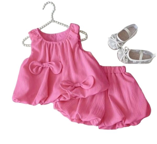 Baby Girls Pink Bow-Detailed Sleeveless Top and Bloomer Set, Summer Casual Outfit