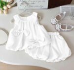 Baby Girls Pink Bow-Detailed Sleeveless Top and Bloomer Set, Summer Casual Outfit